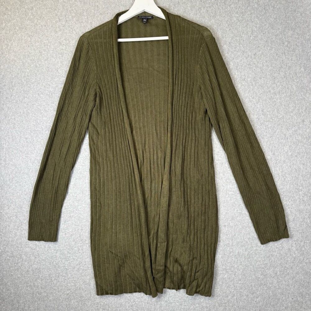 Eileen Fisher Women M Wool Blend Open Front Cardigan Sweater Olive Green Ribbed